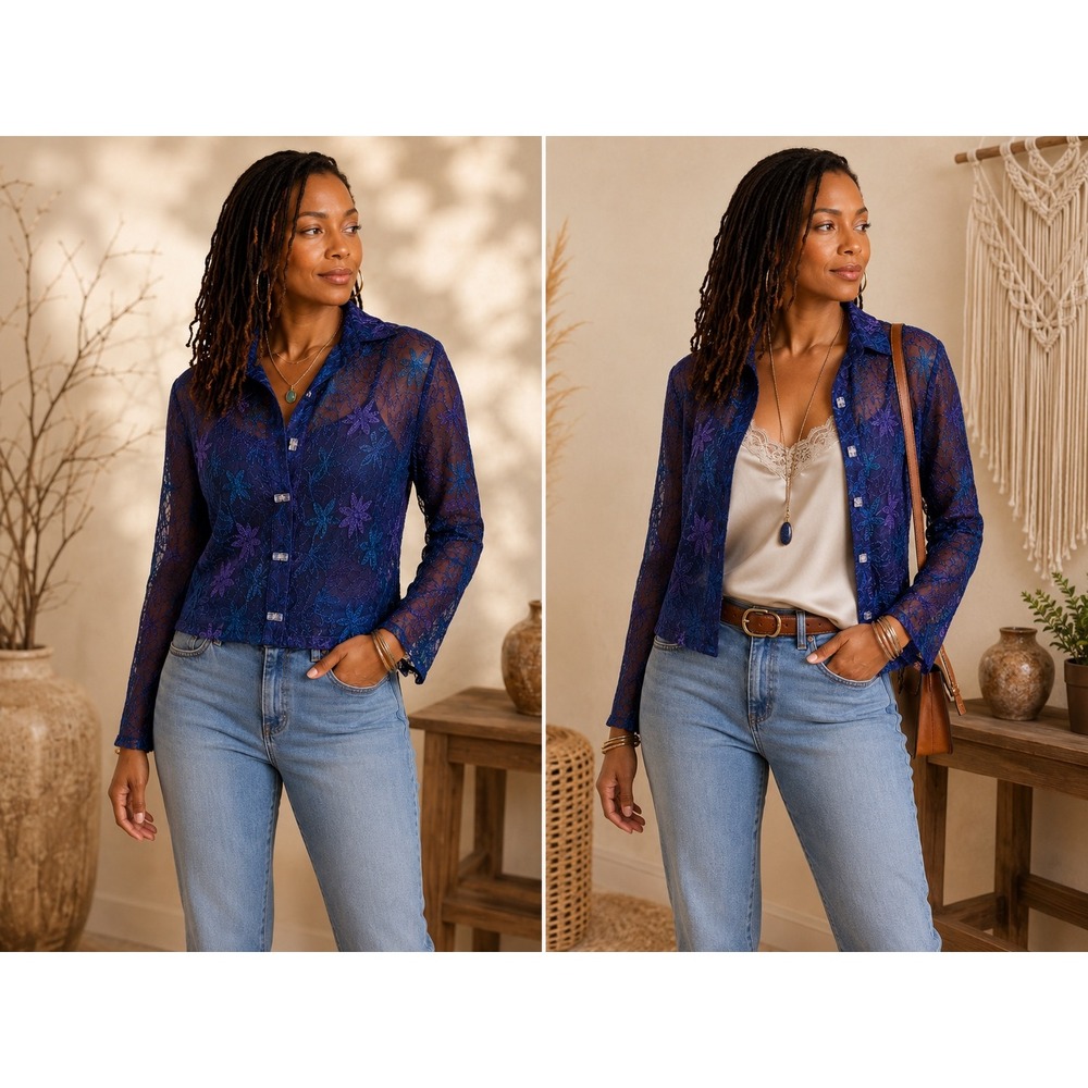 M 91 Vintage Sheer Embroidered Mesh Floral Button Front Blouse Top M Blue Boho